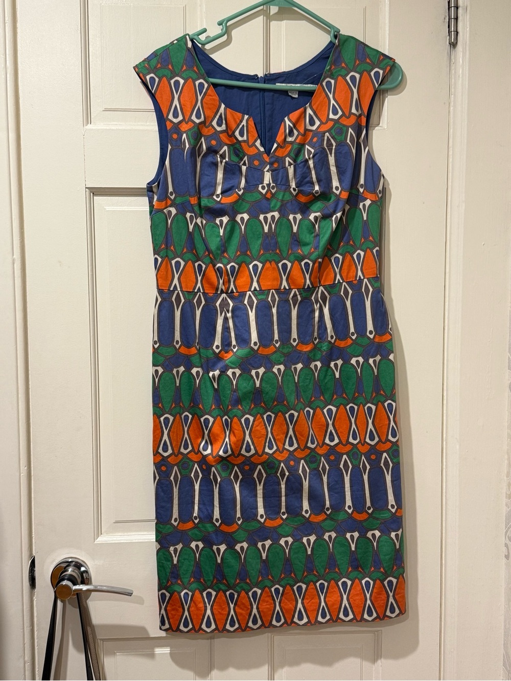 Boden Sleeveless Geometric Shift Dress in Blue, Green & Orange